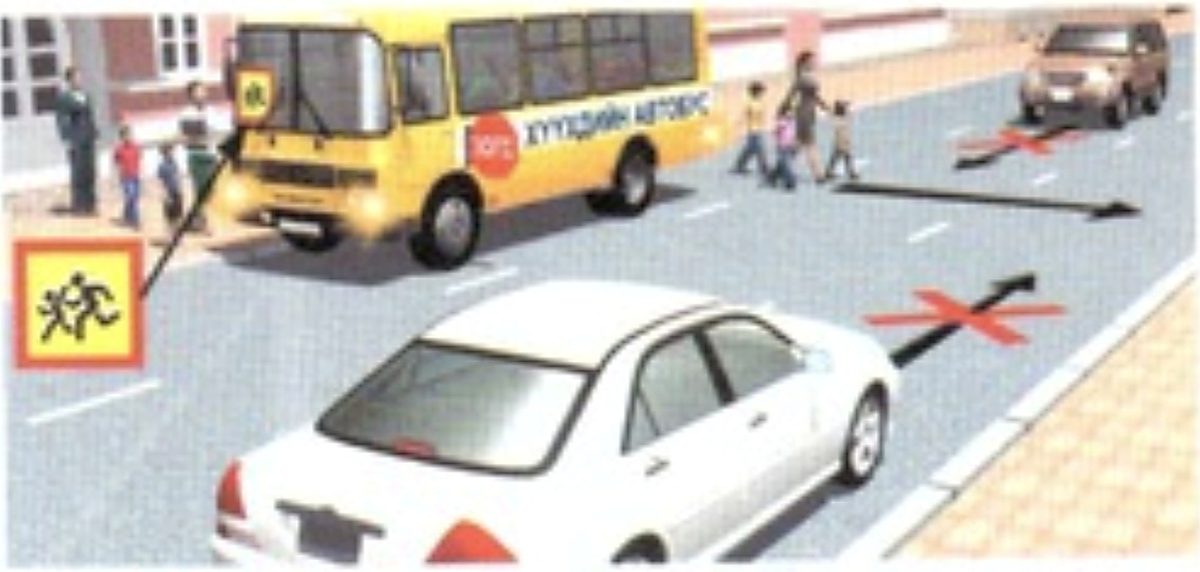 Хүүхэд тээвэрлэж яваа автобус ослын дохио асаан зогсоод хүүхэд буулгаж байх үед зогсож урьдчилан өнгөрүүлнэ